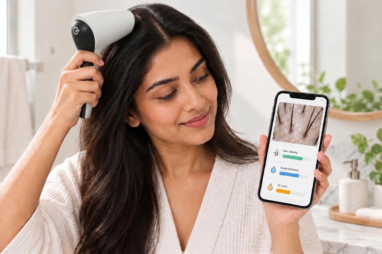 Woman using VUE to scan her scalp while viewing her scalp image and analytics on her phone